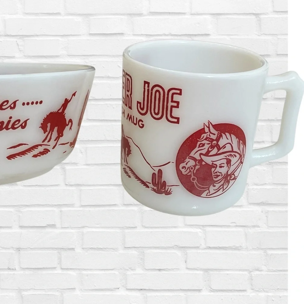 Vintage Ranger Joe Round Up Bowl and Mug Set Hazel Atlas Milk Glass 1950's Rare